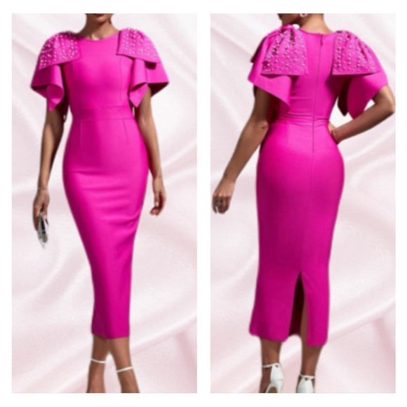 Pink BodyCon Exaggerated Embellished Sleeves Dress - Picture 2 of 3